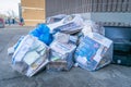 New York City, NY/USA - 03/19/2019: Recycling and garbage bags filled with paper and cardboard on a New York City street Royalty Free Stock Photo