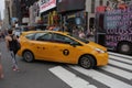 New York City, NY, USA 2.09.2020 - Yellow cab, bus and tourists in Times Square Royalty Free Stock Photo