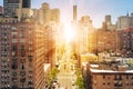 New York City overhead street view with sunlight shining in Midtown Manhattan Royalty Free Stock Photo