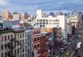 New York City Overhead View of Chinatown Street Scene in Manhattan with the Midtown Skyscrapers in the Distant Background Skyline