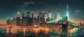 New York City panorama with Brooklyn Bridge and Manhattan skyline at night, Generative AI illustration Royalty Free Stock Photo