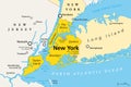 New York City, political map, Manhattan, Bronx, Queens, Brooklyn and Staten Island