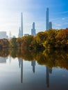 New York City\'s Billionaire Row Reflects of the lake in Central Park Royalty Free Stock Photo