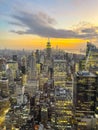 New York city skyline, aerial view during sunset Royalty Free Stock Photo