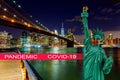 New York City skyline with Brooklyn Bridge with USA quarantine pandemic with coronavirus COVID-19 US map attack coronavirus in the Royalty Free Stock Photo