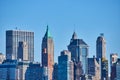 New York City skyline detail of tops of skyscrapers with blue sky Royalty Free Stock Photo