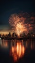 New York City skyline with fireworks over Hudson River at night, USA Royalty Free Stock Photo