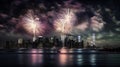 New York City skyline with fireworks over Hudson River at night, USA Royalty Free Stock Photo