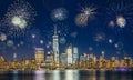 New York City Skyline with Flashing Fireworks Royalty Free Stock Photo