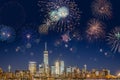 New York City Skyline with Flashing Fireworks Royalty Free Stock Photo