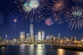 New York City Skyline with Flashing Fireworks Royalty Free Stock Photo