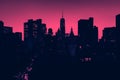 New York City skyline lights at night with pink and blue colors Royalty Free Stock Photo