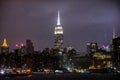 The New York City Skyline at night from the East River looking at Manhattan