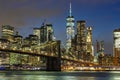 New York City skyline night Manhattan town Brooklyn Bridge twilight World Trade Center Royalty Free Stock Photo