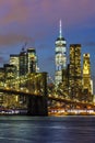 New York City skyline night Manhattan town Brooklyn Bridge World Trade Center portrait format Royalty Free Stock Photo