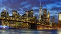 New York City skyline night Manhattan town panoramic Brooklyn Bridge World Trade Center Royalty Free Stock Photo