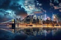 New York City skyline at night with reflection in water, USA, Panoramic view on Manhattan at night, New York, USA, AI Generated