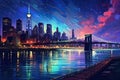 New York City skyline at night with skyscrapers. Vector illustration, Nocturnal urban landscape with river and skyscrapers. A Royalty Free Stock Photo