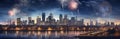 New York City skyline panorama with fireworks over Hudson River at night