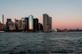 New York city skyline sunset view from the boat to Ellis Island Royalty Free Stock Photo