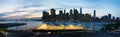 New York City skyline seen from Brooklyn, Brooklyn bridge, East River, skyscrapers, sunset, lights, panoramic view Royalty Free Stock Photo