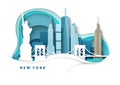New York City skyline, vector paper cut illustration. Statue of Liberty, Bridge, world famous landmarks. Global travel.