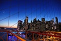 New York City skyline view, Brooklyn Bridge at night, Manhattan buildings and skyscrapers Royalty Free Stock Photo