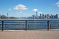 New York city skyline view from empty dock terrace