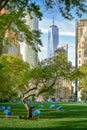 New York City skyscrapers, from Battery Park. Through the trees