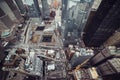 New York City Skyscrapers in Downtown Manhattan view from the top to city streets and 9/11 memorial park. Royalty Free Stock Photo