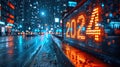 New York City street at night with traffic lights and digital numbers 2024