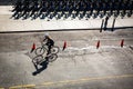 New York City street with rental bikes and a cyclist