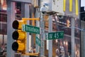 New york City street signs on a traffic light pole with a CCTV camera. Broadway and West 45th Street