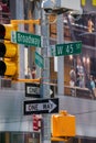 New york City street signs on a traffic light pole with a CCTV camera. Broadway and West 45th Street