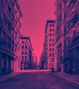 New York City 2020 - The streets and sidewalks are empty with no people during the coronavirus pandemic lockdown with pink and Royalty Free Stock Photo