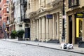 New York City 2020: The streets and sidewalks of SoHo are empty with no people or traffic during the Coronavirus lockdown in Royalty Free Stock Photo