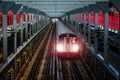 New York City subway car traveling down the tracks across the Williamsburg Bridge between Brooklyn and Manhattan Royalty Free Stock Photo