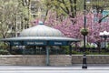New York City subway station entrance in Union Square Park with colorful spring flowers Royalty Free Stock Photo