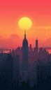New York City Sunset Flat Design Poster, Cityscape NY State Illustration. US Travel Front Cover, Brochure, Flyer