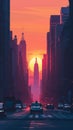 New York City Sunset Flat Design Poster, Cityscape NY State Illustration. US Travel Front Cover, Brochure, Flyer