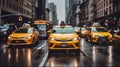 The New York City Taxi and cars in street traffic in Manhattan New York City. Rain in The City. Generative AI Royalty Free Stock Photo