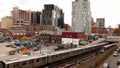 New York City trains entering and leaving tunnel in Flushing Queens, USA. November 2018.