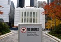 New York City, U.S - October 31, 2022 - The \'No Drones\' sign displayed at Saint Nicholas Greek Orthodox Church and