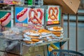 New York City, United States - December 6, 2018: Hot pretzels street seller in Midtown Manhattan Royalty Free Stock Photo