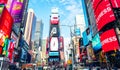 New York City, United States - November 2, 2017: View of illuminated billboards on buildings facades at Times Square in the daytim