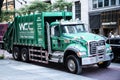 New York City, USA - August 09, 2023: MACK Granite garbage truck waste service dumpster green color, WCC group Royalty Free Stock Photo