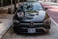 New York City, USA - August 05, 2023: Mercedes-Benz CLA Luxury black car front view, parked Royalty Free Stock Photo