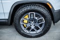 New York City, USA - August 05, 2023: Rivian R1S crossover car wheel tire disk Royalty Free Stock Photo