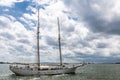 Sailboat sailing in front of New York City, USA