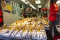 Fish and seafood shop in Chinatown, New York City, USA